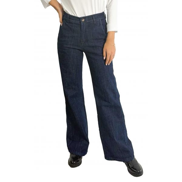 Pantalone in denim con elastico dietro palazzo